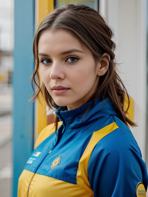 un primer plano de una mujer con un uniforme de animadora azul y amarillo, Aspecto Brooke Ashling.