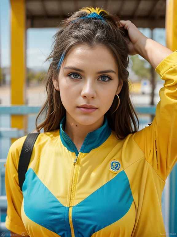 un primer plano de una mujer con un uniforme de animadora azul y amarillo, Aspecto Brooke Ashling.