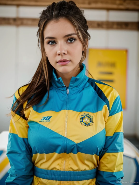 un primer plano de una mujer con un uniforme de animadora azul y amarillo, Aspecto Brooke Ashling.