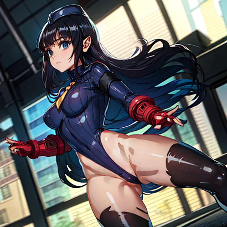 ultra-detailed, Explicit, Beautiful body, Beautiful Nose, Beautiful character design, perfect eyes, perfect face, ultra highres, 4K, beautiful legs, perfect legs, Nice hands, Perfect hand, Masterpiece, Best Quality, Highly detailed, illustration, absurdres, street fighter, doll suit, shadaloo doll, dollsuit, expressionless, blank eyes, looking at viewer, red gloves, emotionless, black latex, corrution, mind control, female combatant, full body, hypnotized, unhappy trance, full body suit, ribbed bodysuit, both arms at side, obey, perfect female body, extremely glossy latex, hypnosis, hypnoLora, empty eyes, Mind control device, poses, submissive_pose, Slave, hat, necktie, stand up straight, standing, standing at attention, hat, necktie, belt, latex, ribbed bodysuit, thighhighs, garter belt, Fighting Stance, extending the right arm from the shoulder into the air with a straightened hand, nazi saluting, military, military saluting, salute, thigh boots, 1girl, solo, Koganei Koyuzu, Edomae Elf, black hair, blue eyes, long hair