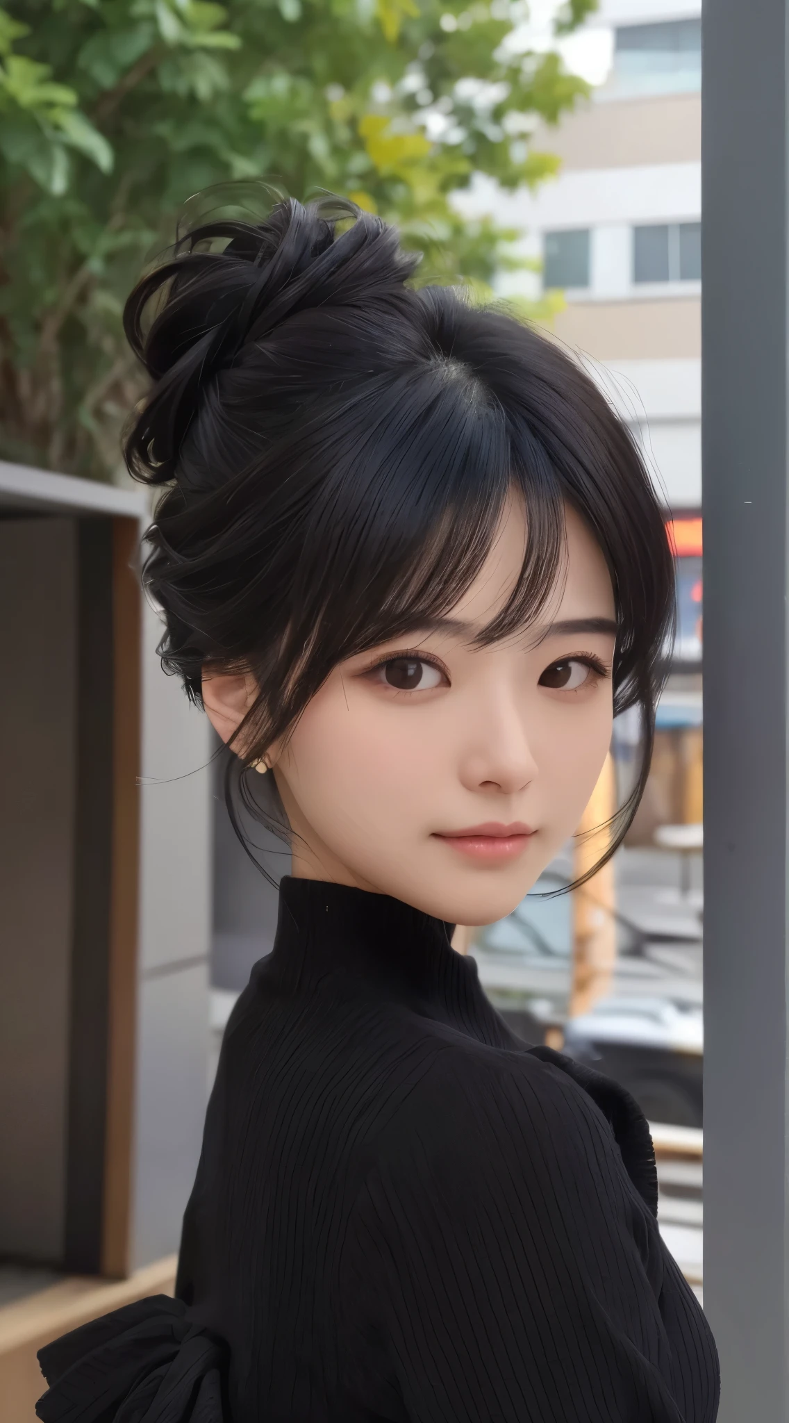 (textured updo),
(Frontal character), Outdoors, Dark hair, Dark eyes, Lady,
masutepiece, Best Quality, Looking at Viewer,
