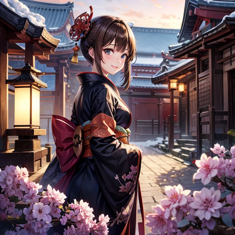 animesque、a beauty girl、First visit、kimono、shrines、present、frontage、Brown hair、Black eyes glow、A smile、