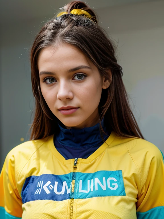 un primer plano de una mujer con un uniforme de animadora azul y amarillo, Aspecto Brooke Ashling.