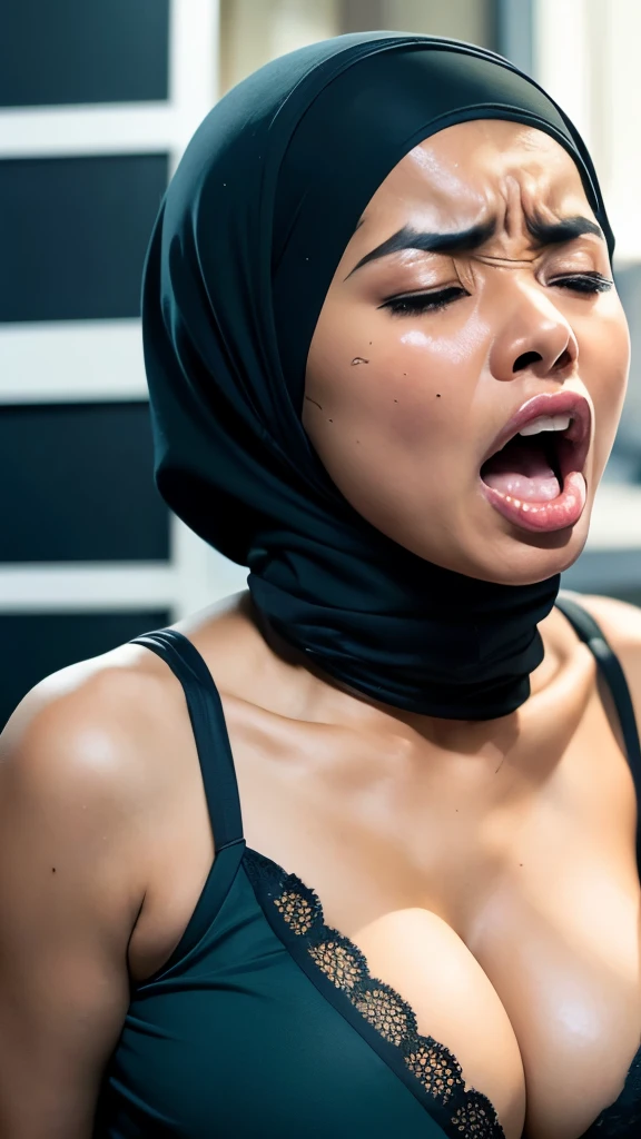 Busty Young beautiful Malay girl with fair skin, wearing crop top, wearing hijab, ((extreme cleavage)), ((she is screaming in pain)), eyes open, (full body potrait), (she is crying)
