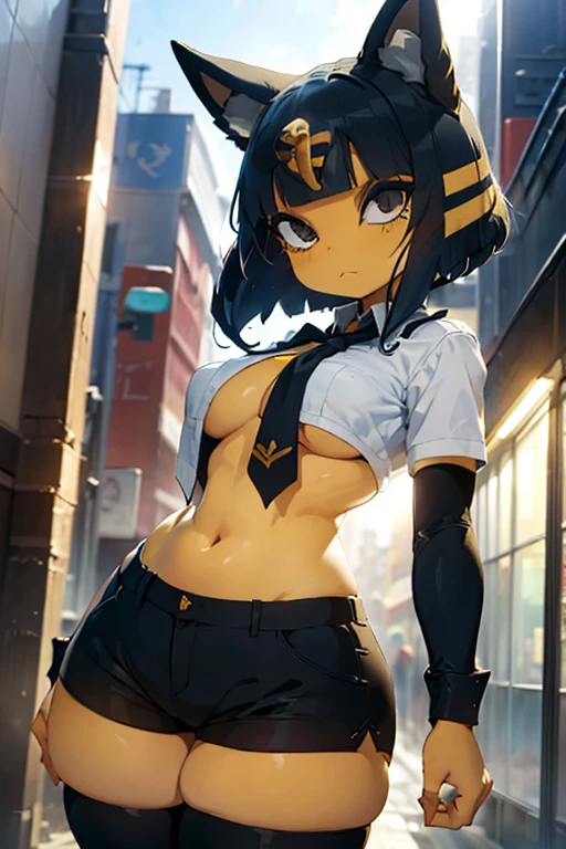 ankha, anime style, catgirl, cat ears, yellow fur, blue hair, shorts hair, wide hips, thick thighs, huge round ass, medium breast, business suit, formal suit, white shirt, long sleeve black formal suit, black necktie, black strict trouser, secretary pose, city, absurdres, high res, ultrasharp, 8K, masterpiece, looking at viewer