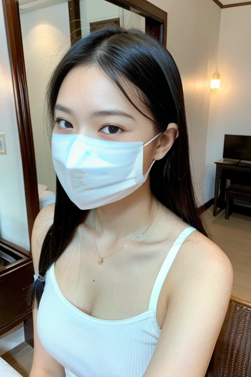 beauty asian girl doing selfie with mask