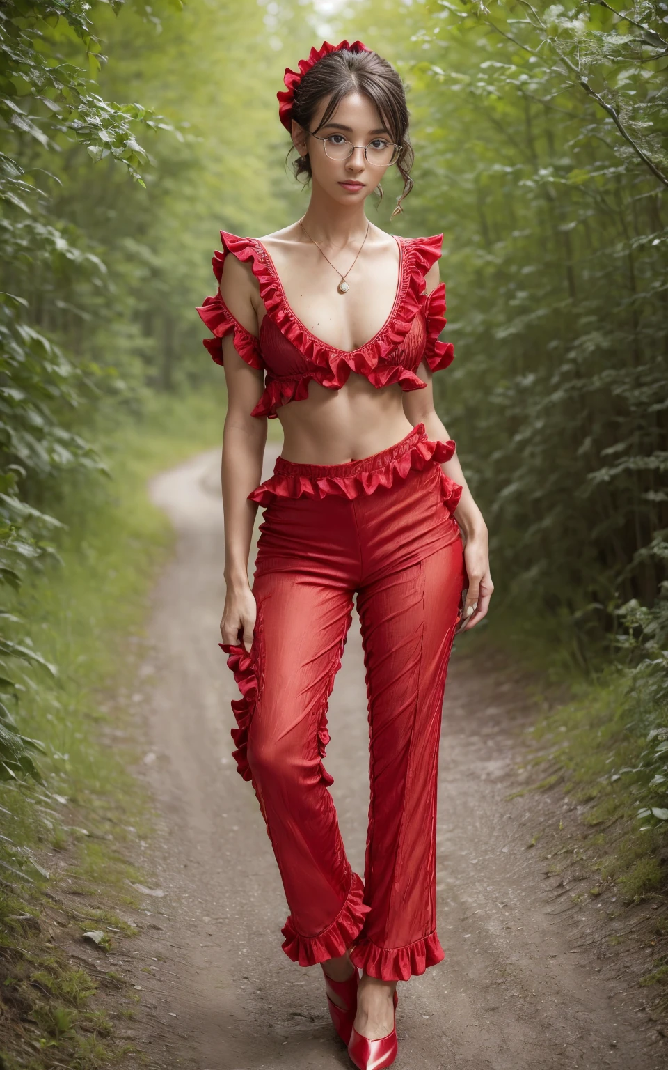 (8K, Masterpiece, RAW photo, Best quality, detail:1.3), (ultra realistic Natural background, scenary:1.5), Depth of field, Cinematic light, (ultra realistic face), (1 picture of 1 solo girl Airim Jones:1.6), 1girl, (Beautiful and elegant Russian girl), (skinny girl with glasses), (European face:1.3), (perfect complete full body:1.5), (small necklace, collarbone:1.1), ( [bangs|pigtails|bob|pixie] hair:1.5), (ultra detailed skin:1.4), (sexy red outfit:1.6),, (Frill Hem Trousers:1.5), (perfect standing pose:1.5), (perfect long legs:1.4)