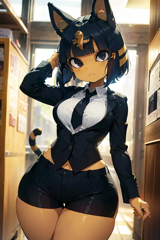 ankha, anime style, catgirl, cat ears, yellow fur, blue hair, shorts hair, wide hips, thick thighs, huge round ass, medium breast, business suit, formal suit, white shirt, long sleeve black formal suit, black necktie, black strict trouser, secretary pose, office, absurdres, high res, ultrasharp, 8K, masterpiece, looking at viewer