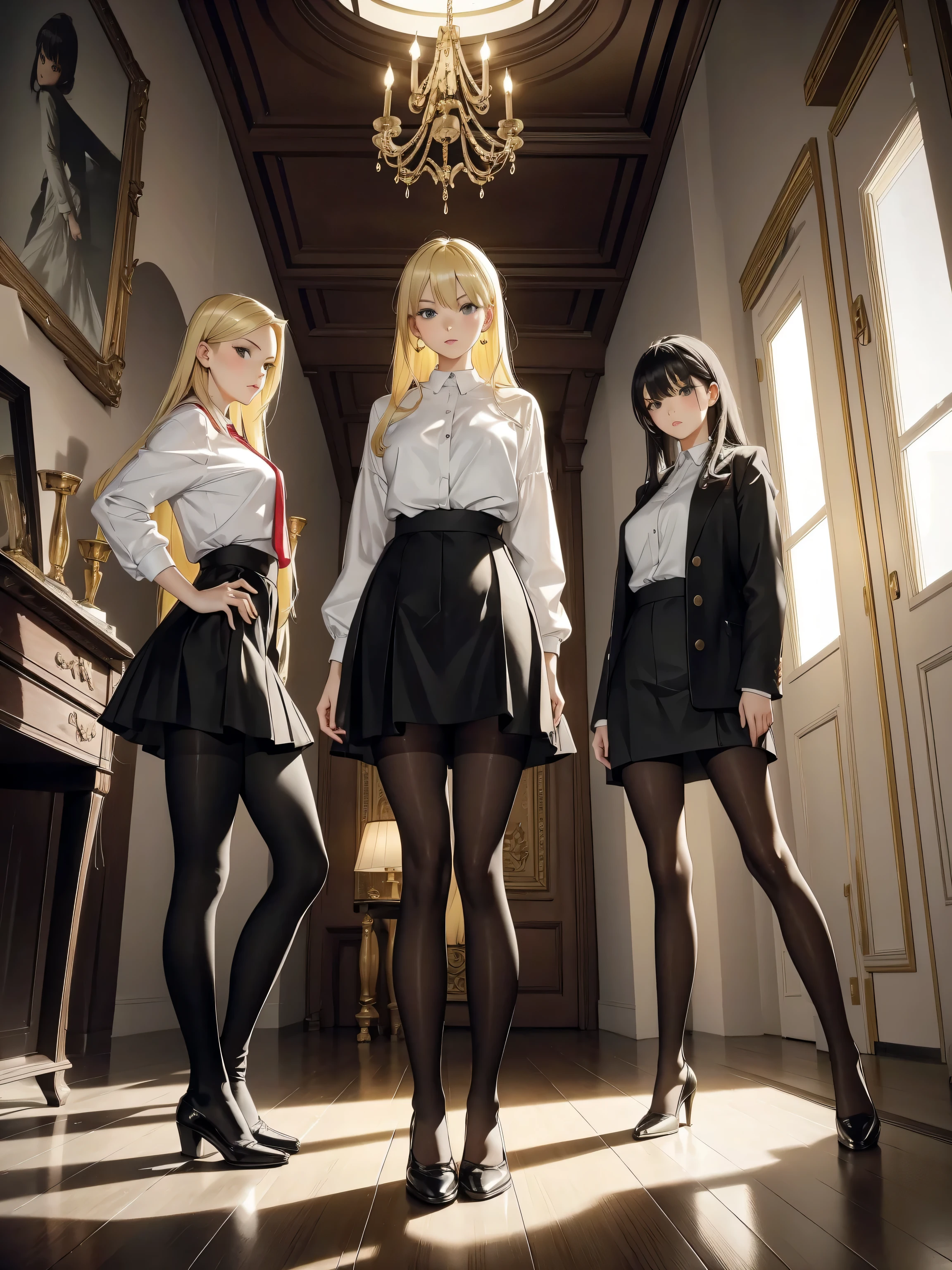 Best quality, masterpiece, ultra high res, 3 girls,blonde hair,black hair,leggings,pantyhose,mini_skirt,standing,posing,looking at viewer,indoors