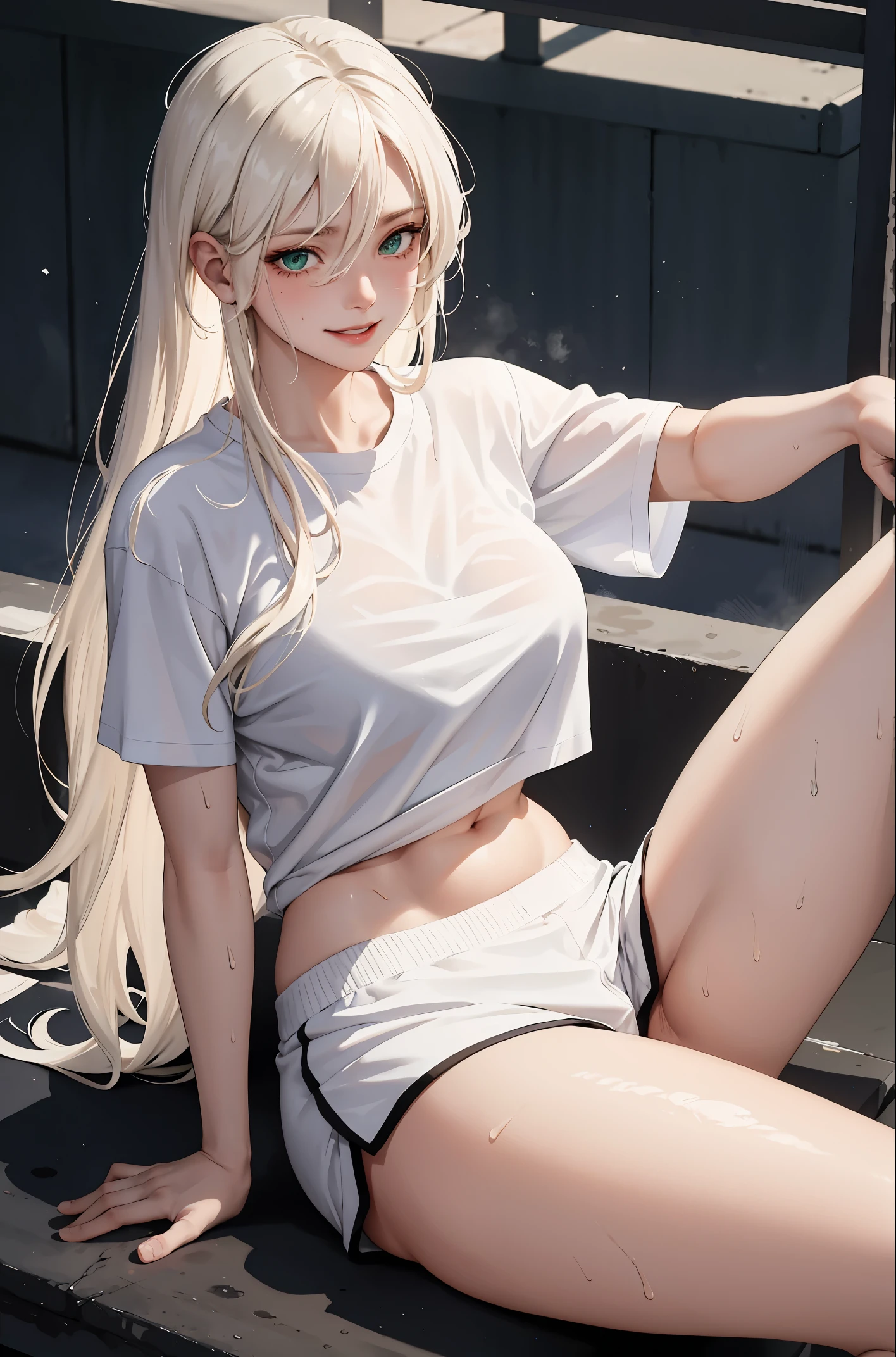 (masterpiece:1.2, best quality), (real picture, intricate details), 1lady, solo, upper body, showing legs, spread legs, open legs, leg spreading, sitting down, school , school settings, long hair, minimal makeup, detailed face, smiling, really long light platinum blonde hair, bangs, hair between eyes, green eyes, big plump breasts, big ass, SFW, clothes, school PE uniform, white shirt, t-shirt, tight shirt, tight school t-shirt, white socks, sweaty socks, school PE short, gym shorts, PE shorts, sweaty, super sweaty, extreme sweat, sweat wet