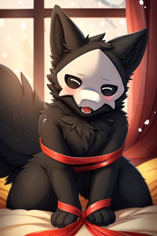 by chano, by cheesefries, by sanu, puro, (first person view, solo focus), anthro, male, goo creature, black body, black fur, monotone fur, monotone body, white mask, black sclera, white eyes, black slime, glistening body, wolf ears, wolf tail, (huge fluffy tail), snout, thin, girly, femboy, bottom heavy, wide hips, thick thighs, (nude), fluffy fur, fluffy tail, (1 tail), fluffy, looking at viewer, huge butt, massive butt, indoors, romantic ambiance, romantic, soft lighting, ((<3:1.3)), cute, (eyes closed), blush lines, open mouth, christmas, christmas tree, indoors, window, snowing outside, (gift wrapped, wrapped up, ribbon)