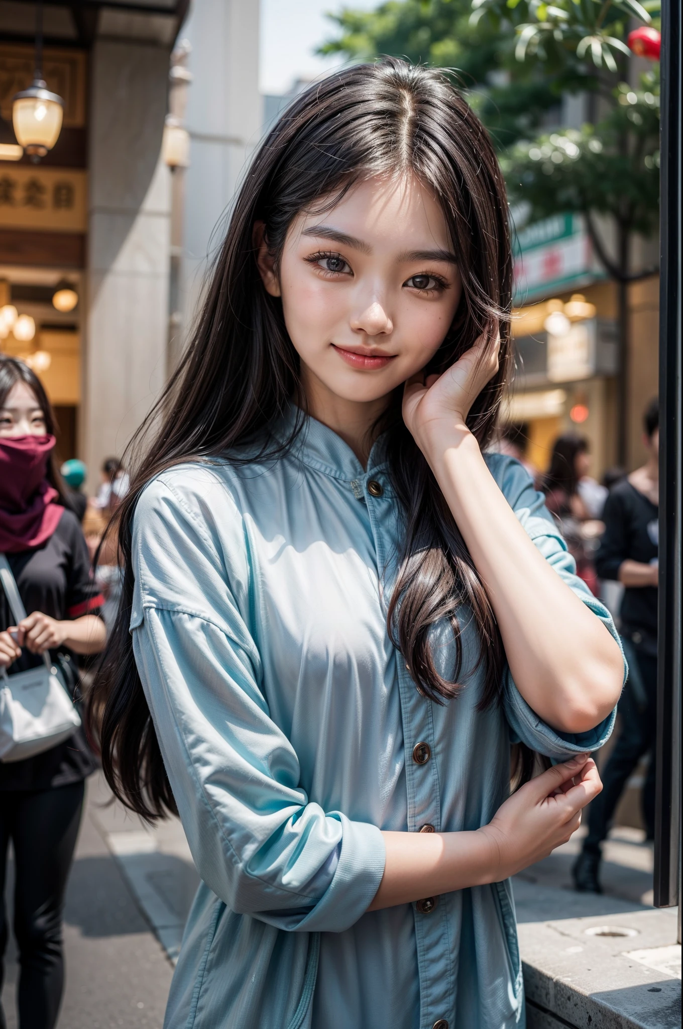 young beautiful chinese lady, 20yr old, Small skin pores, Kuwait, There are a lot of people in the background, smiling with teeth, face flushed, side looking, Cover your mouth with your hands and laugh， Moderate sagging