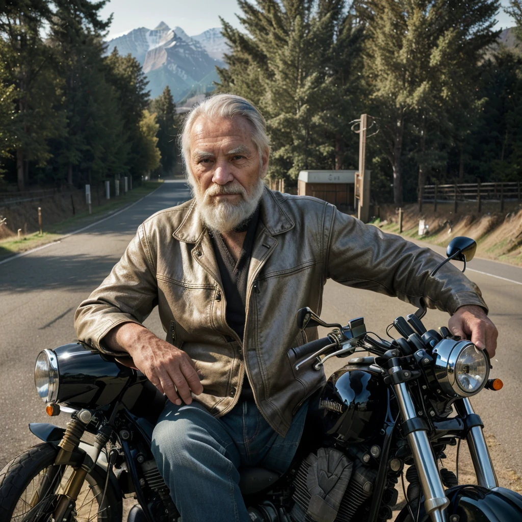 (best quality,4k,8k,highres,masterpiece:1.2),ultra-detailed,(realistic,photorealistic,photo-realistic:1.37),HDR,UHD,studio lighting,ultra-fine painting,sharp focus,physically-based rendering,extreme detail description,professional,vivid colors,bokeh,portraits

An old man of 60 years old with a huge white beard riding a motorbike. The motorbike is a vintage model with a sleek and polished silver body. The old man is wearing a worn-out leather jacket and a classic black helmet. His eyes are wise and filled with determination. His weathered face is adorned with deep wrinkles and age spots, which tell a story of a lifetime of experiences.

The man's strong hands tightly grip the motorbike's handlebars, showing his confidence and expertise. The motorbike speeds through a scenic countryside road, with vibrant green fields stretching out on both sides. The wind blows through the man's beard and hair, creating a sense of freedom and adventure.

The sunlight casts a warm and golden glow over the scene, adding a nostalgic touch to the atmosphere. The light illuminates the man's face, highlighting his timeless features. The shadows created by the trees lining the road intertwine with the sunlight, creating a play of light and shadows that adds depth to the image.

The portrait of the old man captures his unique character and the spirit of his journey. The details of his face and beard are meticulously painted with ultra-fine brushstrokes, showcasing the artist's attention to detail. The colors used are vibrant and rich, bringing life to the scene and evoking a sense of warmth and vitality.

In the background, distant mountains rise majestically, their peaks covered in a haze of blue. The sky is a clear and serene blue, with fluffy white clouds scattered across its expanse. The motorbike leaves behind a trail of dust, adding movement and dynamism to the composition.

The overall style of the artwork is a blend of photorealism and artistic interpretation.