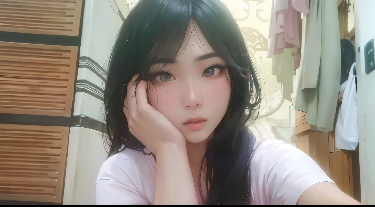 Masterpiece, best picture quality, 1 beautiful girl, detailed eyes, swollen eyes, brown hair, long hair, fair skin, sexy, cute, Asian beauty, magical world, moonlight, abandoned building, strong eyes, professional lighting, bright lighting, double eyelids, slender, assassin, Black clothes, cute face, bulu mata lentik ( jarang-jarang)