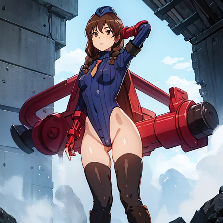 ultra-detailed, Explicit, Beautiful body, Beautiful Nose, Beautiful character design, perfect eyes, perfect face, ultra highres, 4K, beautiful legs, perfect legs, Nice hands, Perfect hand, Masterpiece, Best Quality, Highly detailed, illustration, absurdres, street fighter, doll suit, shadaloo doll, dollsuit, expressionless, blank eyes, looking at viewer, red gloves, emotionless, black latex, corrution, mind control, female combatant, full body, hypnotized, unhappy trance, full body suit, ribbed bodysuit, both arms at side, obey, perfect female body, extremely glossy latex, hypnosis, hypnoLora, empty eyes, Mind control device, poses, submissive_pose, Slave, hat, necktie, stand up straight, standing, standing at attention, hat, necktie, belt, latex, ribbed bodysuit, thighhighs, garter belt, Fighting Stance, extending the right arm from the shoulder into the air with a straightened hand, nazi saluting, military, military saluting, salute, thigh boots, 1girl, solo, Fujimiya Konomi, Non Non Biyori, braids, brown hair, brown eyes, long hair