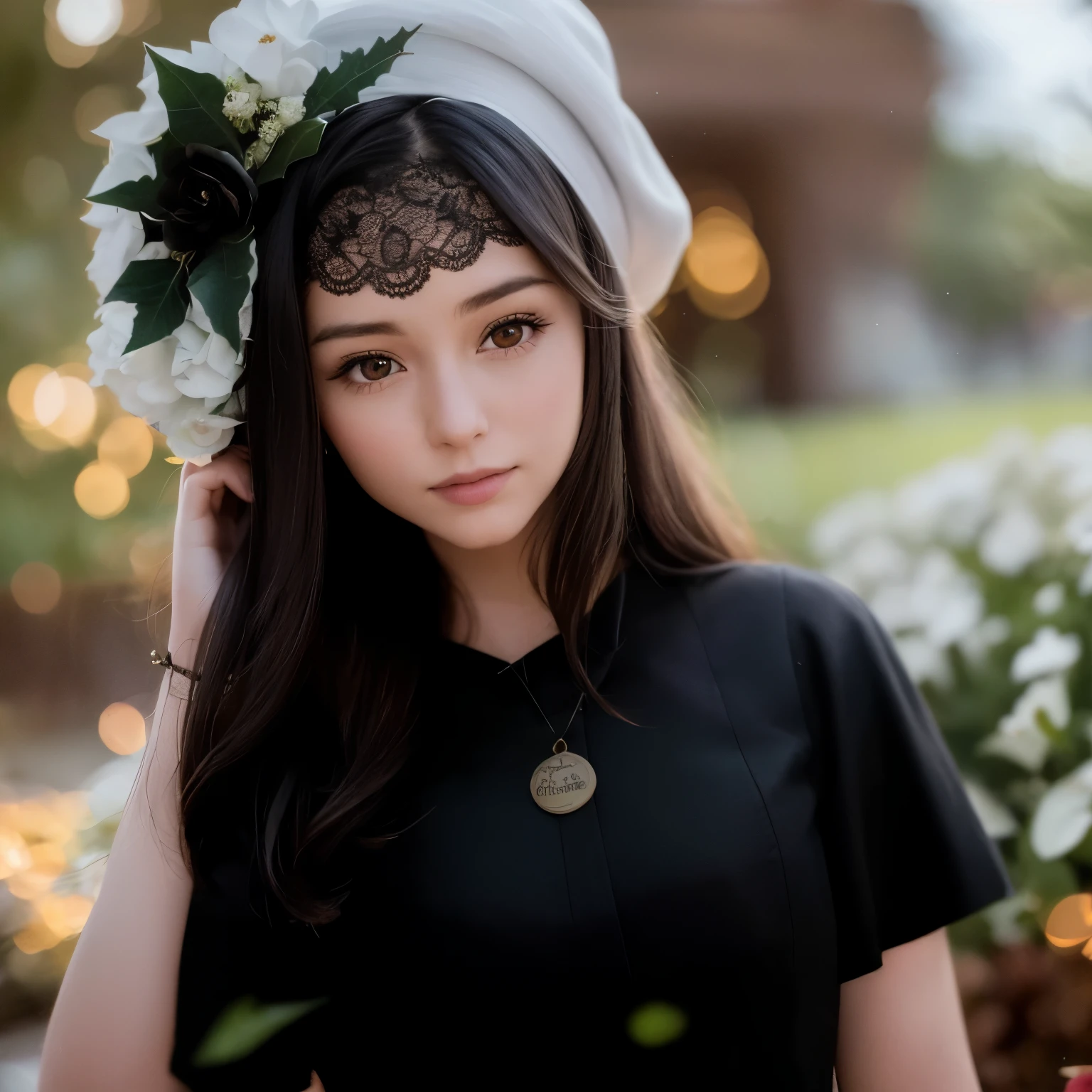 A girl in a garden, dressed in a Christmas dress, wearing a Christmas cap, and with a name tag "ChucklBlink Brewster". [Illustrated] medium with (best quality,4k,8k,highres,masterpiece:1.2), ultra-detailed, (realistic,photorealistic,photo-realistic:1.37) . The girl has beautiful detailed eyes, beautiful detailed lips, extremely detailed eyes and face, long eyelashes. She is standing in the middle of a lush green garden surrounded by blooming flowers.  The name tag "ChucklBlink Brewster" is attached to her dress, adding a personalized touch to her festive outfit. The overall color tone of the image is warm and inviting, with a soft glow illuminating the surroundings. The lighting emphasizes the girl's features and highlights the details of the garden. the girl is looking cartoonish
