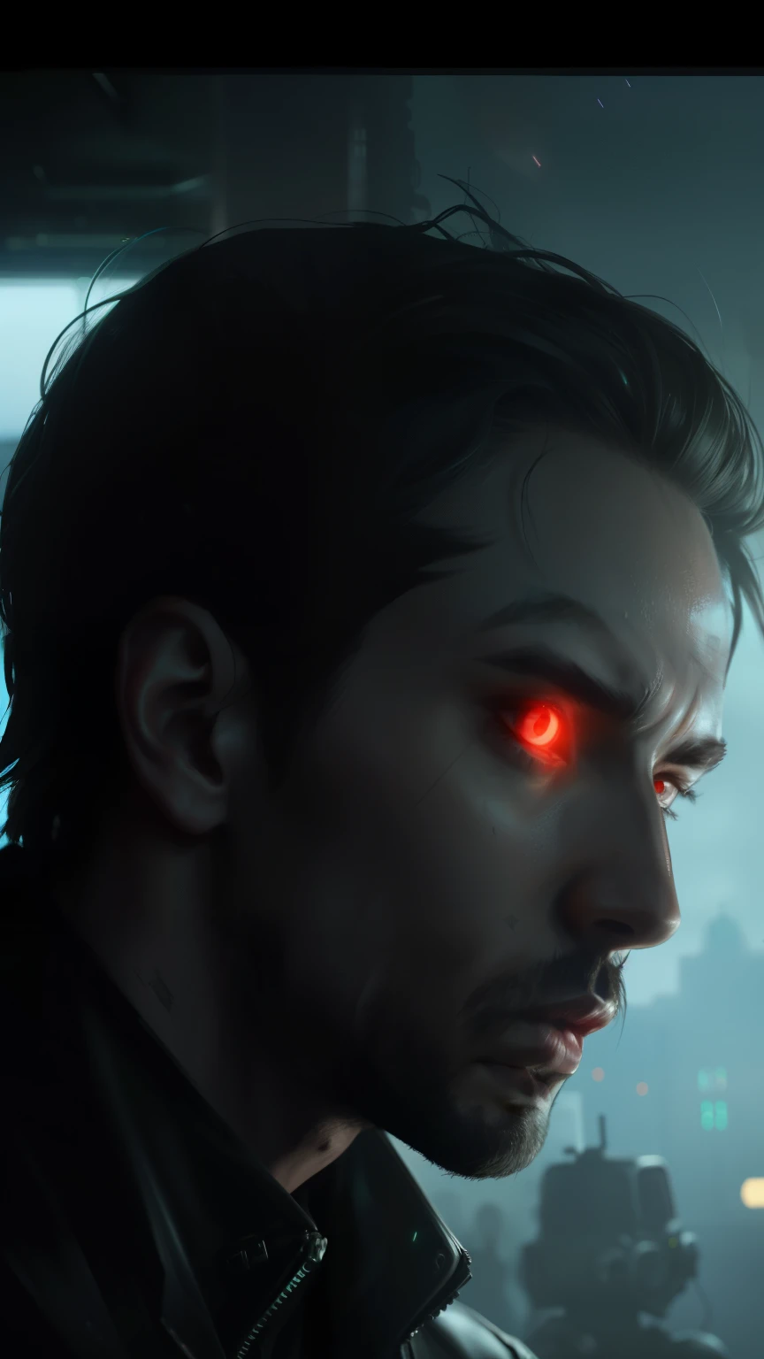 close-up of a man with red glowing eyes, Edgy Adventure Science Fiction, Inspired by Roger Deakins, из фильма 2 0 1 9 Sci Fi 8 K, Death and robots, Death and robots two in the void, love Death and robots, 2049, fantasy cyberpunk horror, Bounty Hunter Dystopia, Dark