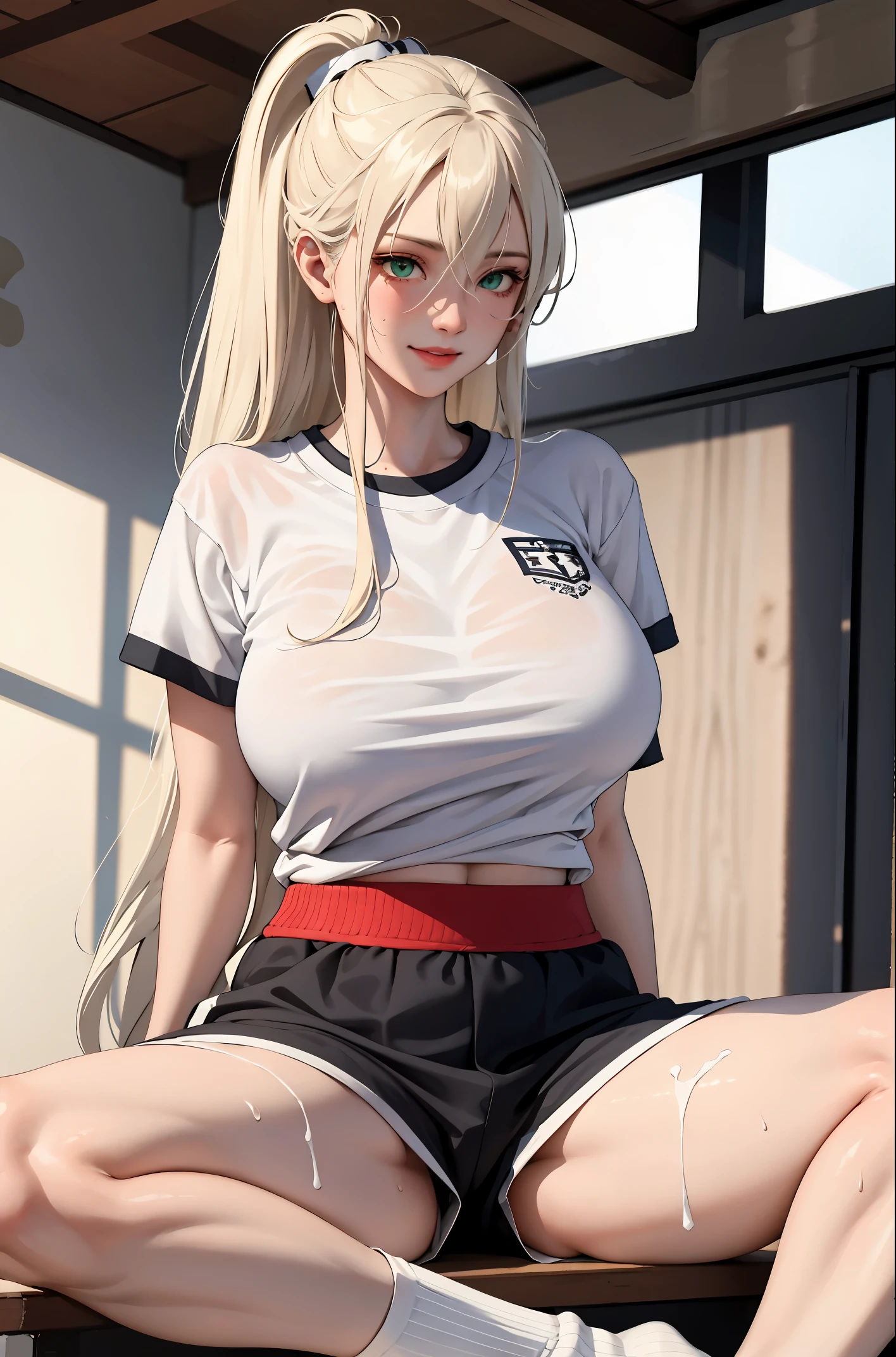 (masterpiece:1.2, best quality), (real picture, intricate details), 1lady, solo, upper body, showing legs, spread legs, open legs, leg spreading, sitting down, school , school settings, long hair, minimal makeup, detailed face, smiling, really long light platinum blonde hair, bangs, hair between eyes, green eyes, big plump breasts, big ass, SFW, clothes, school PE uniform, white shirt, t-shirt, tight shirt, tight school t-shirt, white socks, sweaty socks, school PE short, gym shorts, PE shorts, sweaty, super sweaty, extreme sweat, sweat wet