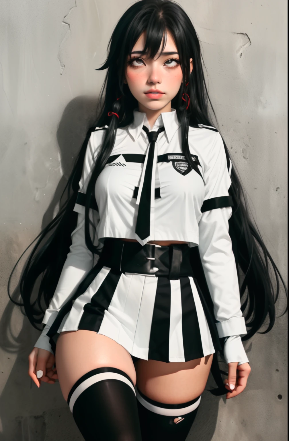 (full figure:1.1), (1 girl as yukino yukinoshita:1.5), highres, solo, school uniform, big breasts, waist long black hair, (twintails:0.5), (pleated miniskirt:1.2), (black thighhigh socks:1.2), loose red ribbon, (unbuttoned white shirt:1.4), (ahegao:1.5), (rolling eyes:1.5), (torn clothes:1.5), naked breastss, spread legs, no panties