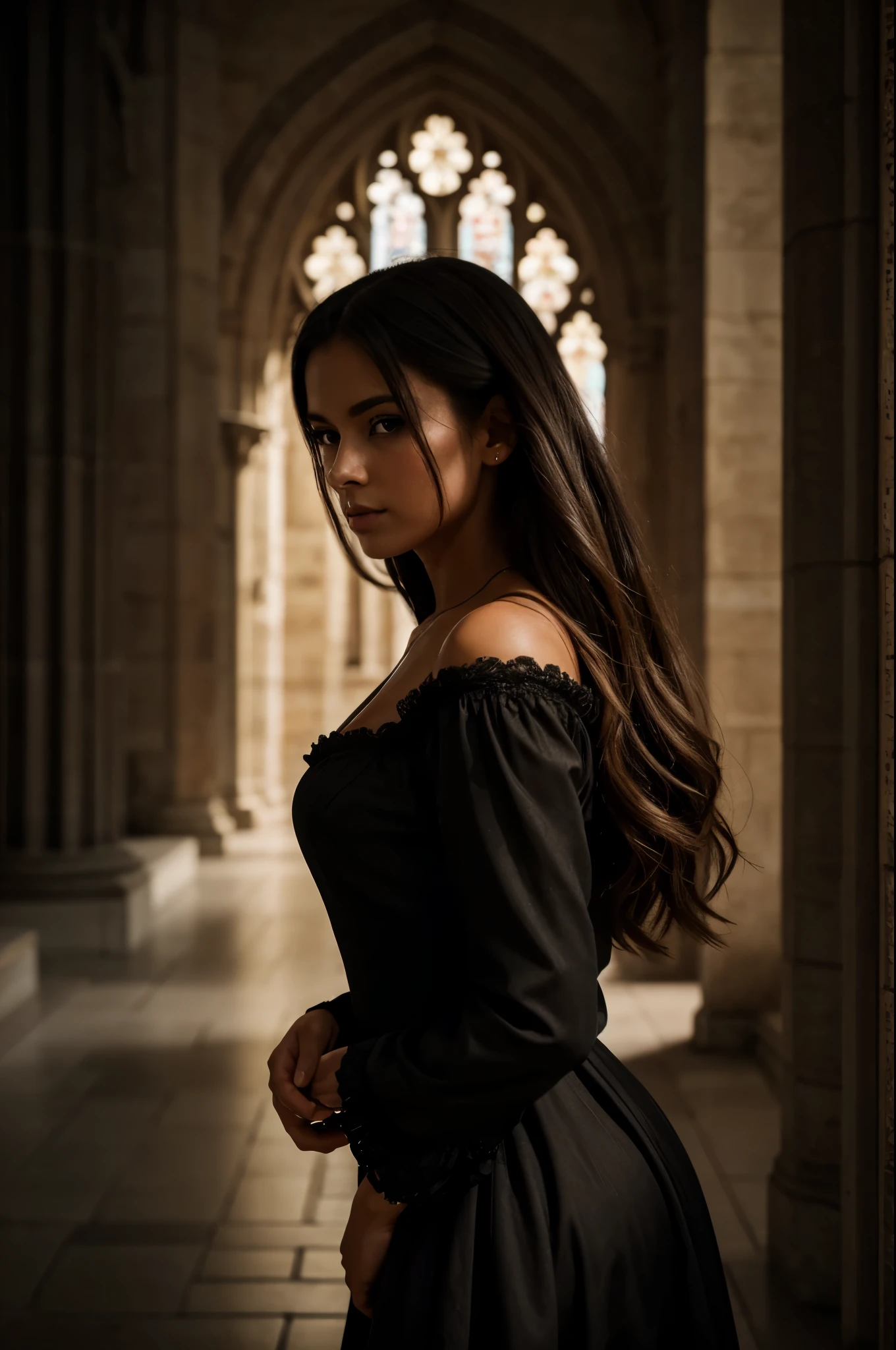 (8K, best quality:1.2), (masterpiece:1.37), (photo, photorealistic:1.37), (ultrahigh-res), analog, nearly all black photo with emerging 28 year old startlingly beautiful brunette haired American woman looking sullen coming out of the darkness, black Victorian dress, full body mostly hidden in shadows, mysterious mood, leaning pose, shot from profile, (insanely detailed, bloom:1.5), (highest quality, lee Jeffries style, 8k), (analog:1.2), (high sharpness), (detailed pupils:1.1), detailed face and eyes, Masterpiece, best quality, (highly detailed photo:1.1), (ecstatic:1.1), (young woman:1.1), sharp, (perfect body:1.1), realistic, real shadow, 3d, (cathedral background:1.2), arms crossed over the chest photographed by Canan EOS R6, 135mm, 1/1/2.8, ISO 400