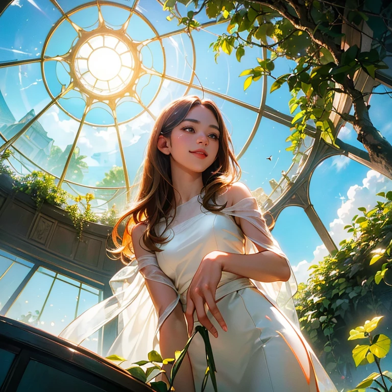 ( Masterpiece, best quality , shot from below , 75mm lens, fisheye:1.2 ), ((pov from below:1.4)), (( beautiful, luxurious, greenhouse dome:1.5, glass panels, plants of colours, vibrant , extreme high detailed, intricate details )). ( 1woman_/(kimtaeyeon/), narrow face, strong jaw, [plump cheeks], transparent glasses, dark hair with blonde highlights, loving smile, beautiful eyes, caring smile, wearing beach summer ootd ), ( cinematic lighting, backlit, soft light)