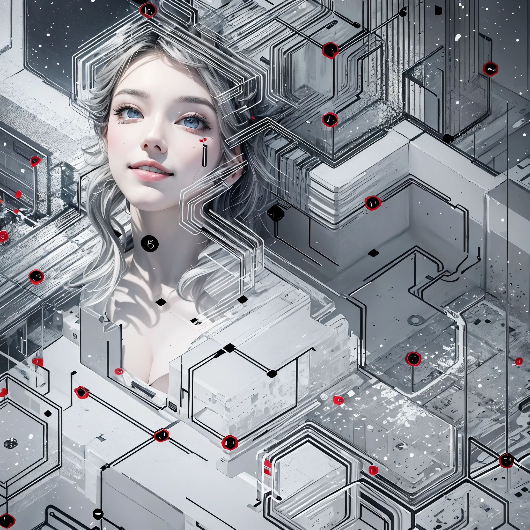 (Realistic:1.8), (Digital art:0.2), (Geometric art:1.7),(agpi official art, beautiful and aesthetic, ultra detailed, beautiful, masterpiece, best quality:1.6), (1girl:1.2), Detailed face, Detailed eyes, Detailed hair, young fingers, Detailed fingers, five fingerREAK cute ig model, Japanese cute model, 22 years old, Tightened all body, small head, small face, small mouth, diamond Face, small nose, Sharp Faceline, (dropy eyes, Double eyelid, Light color eyes, Glossy eyes, Shiny eyes:1.2), Shiny skin, shiny hair, (gray hair:1.2),
_
BREAK (happy, smile, Teeth, Glossy Lip:1.2),beautiful Teeth, (upper body:1.5), sitting, from front,
_
BREAK (BLACK and White theme:1.4), (Cute Christmas theme:1.2), (fluffy Santa hat with ribbon:1.2), (adorable BLACK and white candy cane-striped off-shoulder top:1.2), (short length White pleated skirt with subtle Polka dot pattern:1.2), (festive knee-high socks with small bows:1.2), (festive White and BLACK ankle boots:1.2), BREAK (sparkling snowfall background:1.2), (Fog, mist:1.4),(joyful expression:1.2), (holding a cute gift box with a big bow:1.2), (gentle snow breeze:1.2),