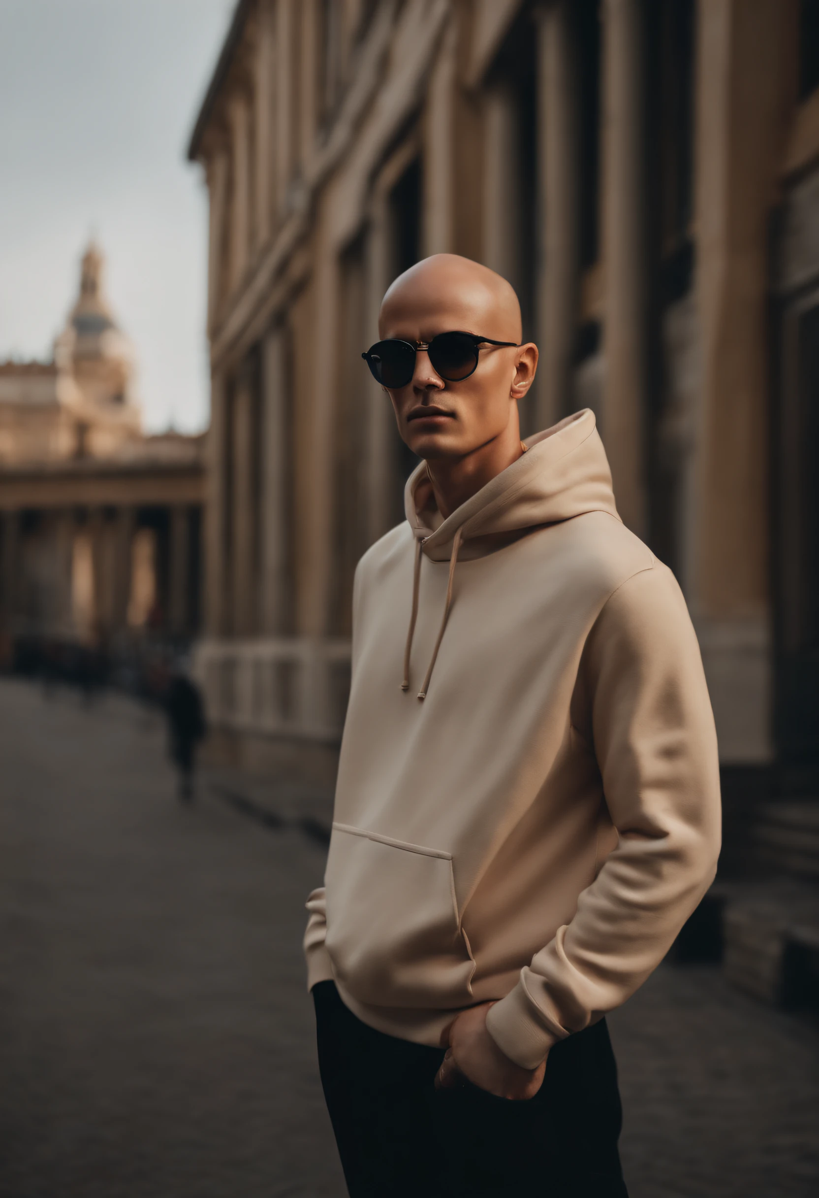 male, bald, Skinny, 170cm, oversize clothes, Beige hoodie sweatshirt, black TOM FORD sunglasses, photoshooting, looking up at the camera, Free pose, Variety of poses, 8K, 16k, cinematiclight