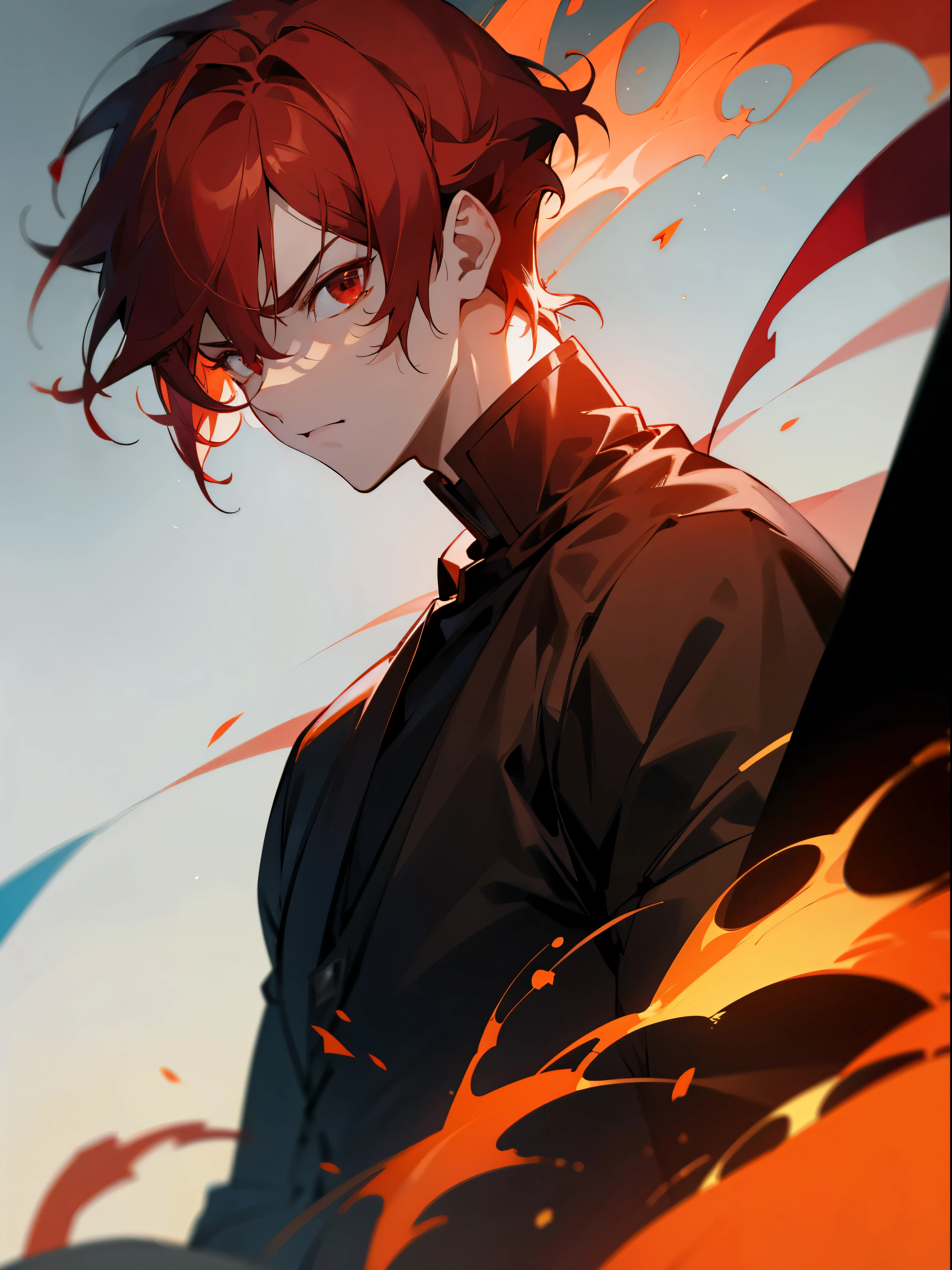 1boy, short red hair, red eyes, serious, face and neck shot only, surrounded by fire, looking to the side, absurdres, high res, ultrasharp, 8k, masterpiece