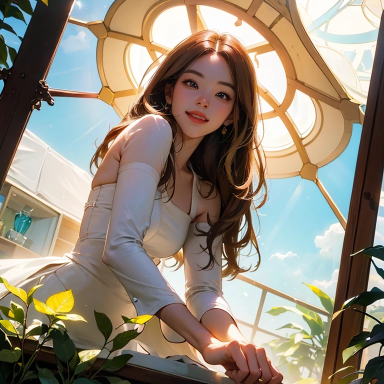 ( Masterpiece, best quality , shot from below , 75mm lens, fisheye:1.2 ), ((pov from below:1.4)), (( beautiful, luxurious, greenhouse dome:1.5, glass panels, plants of colours, vibrant , extreme high detailed, intricate details )). ( 1woman_/(kimtaeyeon/), narrow face, strong jaw, [plump cheeks], transparent glasses, dark hair with blonde highlights, loving smile, beautiful eyes, caring smile, wearing beach summer ootd ), ( cinematic lighting, backlit, soft light)