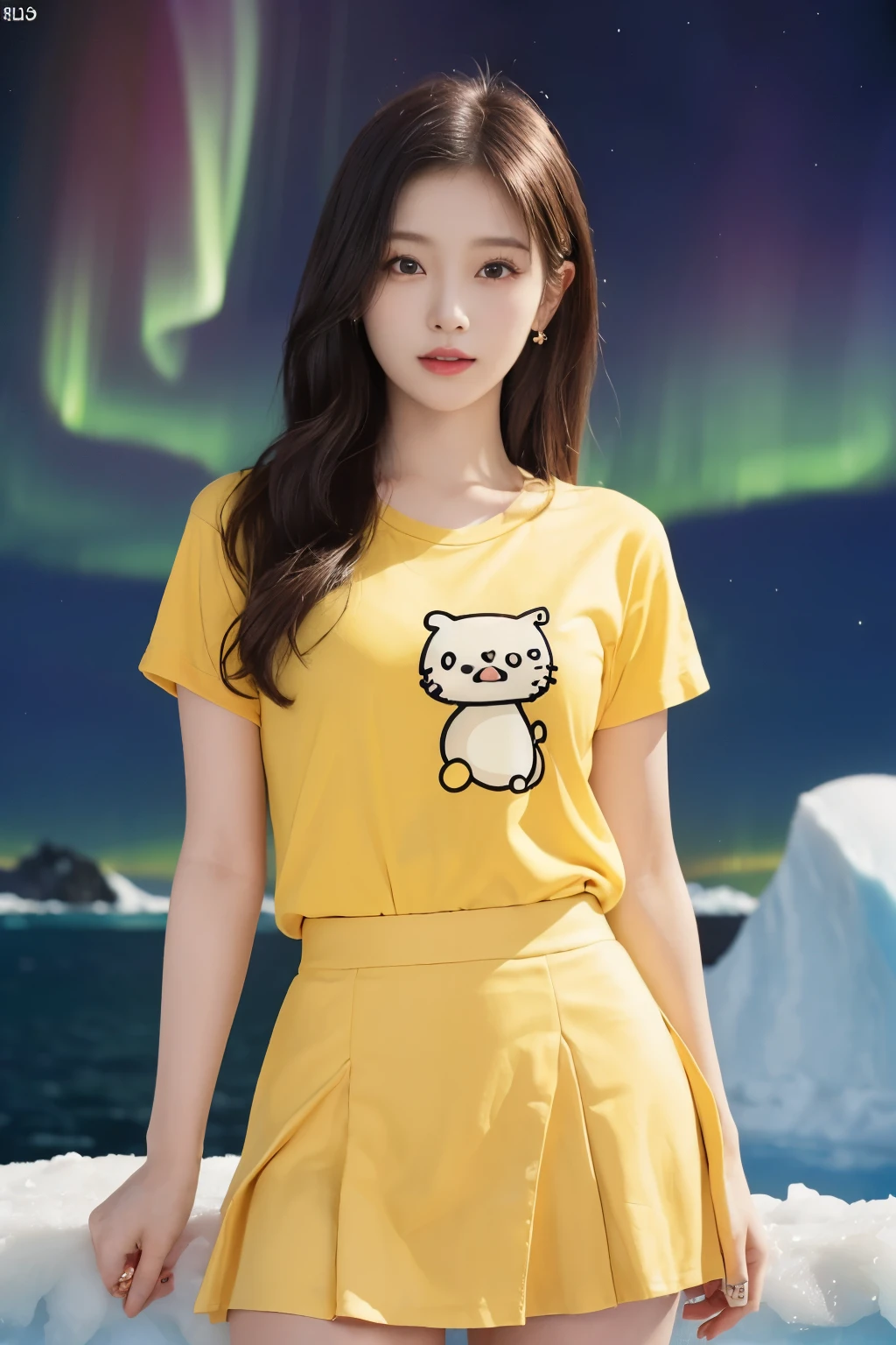 ((masutepiece:1.4, Best Quality)), (photos realistic:1.4), ((1girl in)), ((20yr old)), (Ultra High Resolution:1.2), Extremely delicate and beautiful, amazing, the Extremely Detailed CG Unity 8K Wallpapers, Ultra-detailed, High resolution, Soft light, Beautiful detailed girl, extremely detailed eye and face, beautiful detailed nose, Beautiful detailed eyes, (Wearing a yellow T-shirt、Print Sanrio style chick illustration:1.5), (Yellow skirt:1.3), ((thighs thighs thighs thighs)), Lustrous black hair, Cinematic lighting, Perfect Anatomy, Slender body, (Standing in front of an iceberg in Antarctica at night:1.3), (Aurora Borealis in the Night Sky:1.3), Cute poses, Cowboy Shot, laugh very loud