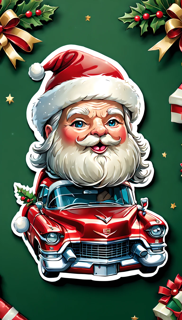 A cute, detailed Christmas sticker of a Cadillac, ribbon, 4k, illustration, ultra detailed