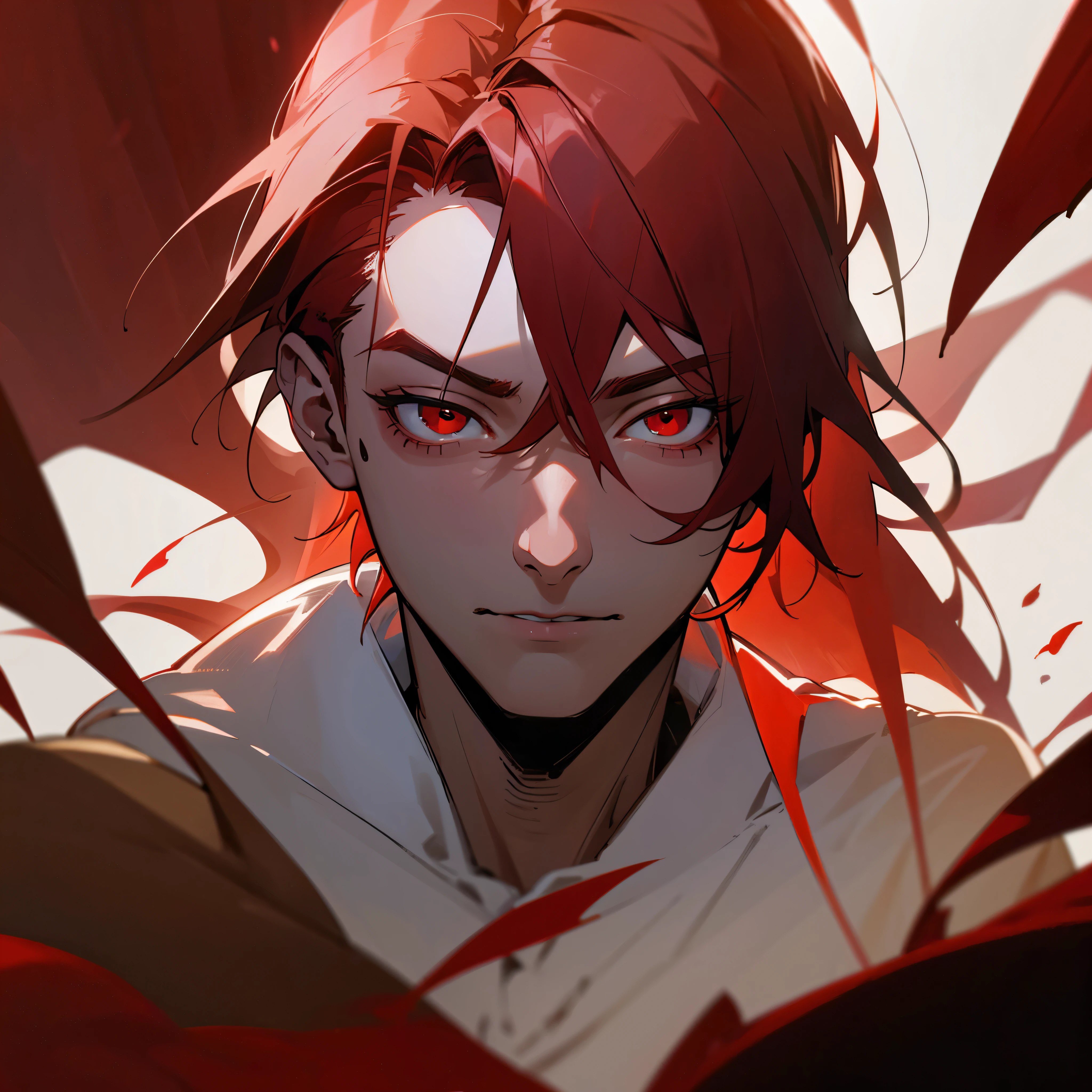 best quality, 4k, realistic, male, tan skin, young, 5'11 height, red hair, red eyes, demon, portrait, eerie, intense lighting, haunting