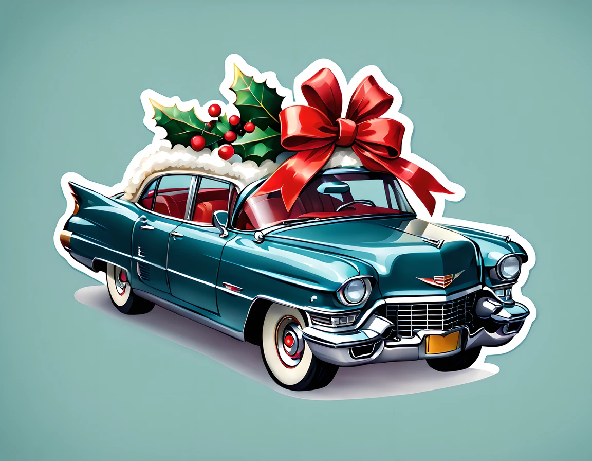 A cute, detailed Christmas sticker of a Cadillac, ribbon, 4k, illustration, ultra detailed