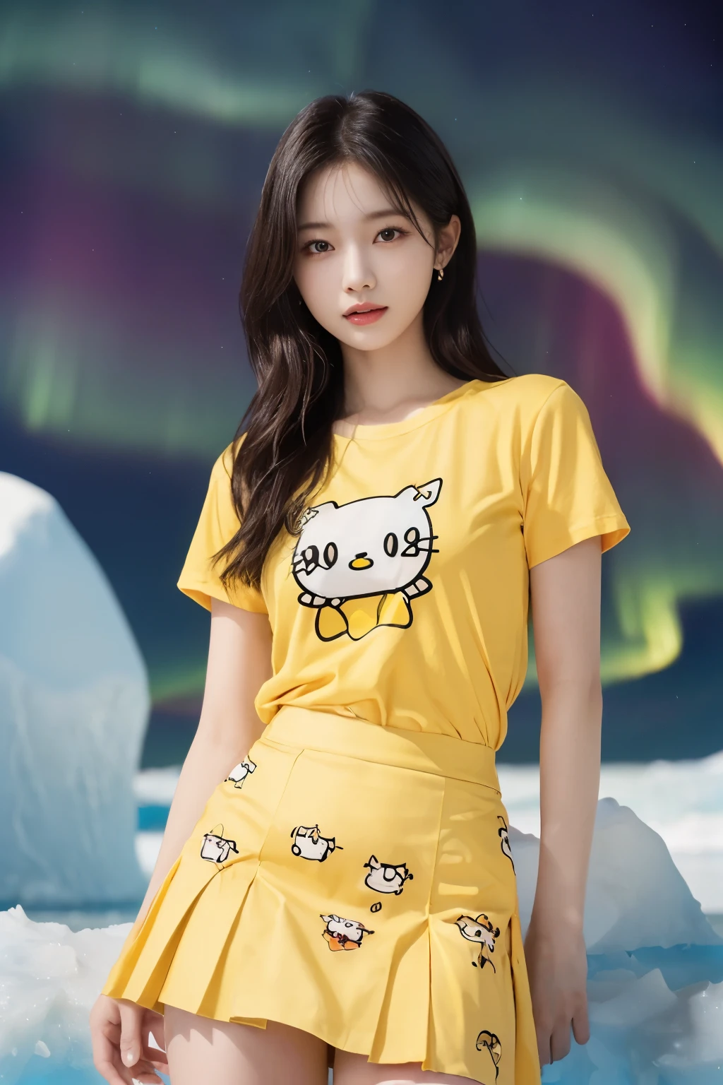 ((masutepiece:1.4, Best Quality)), (photos realistic:1.4), ((1girl in)), ((20yr old)), (Ultra High Resolution:1.2), Extremely delicate and beautiful, amazing, the Extremely Detailed CG Unity 8K Wallpapers, Ultra-detailed, High resolution, Soft light, Beautiful detailed girl, extremely detailed eye and face, beautiful detailed nose, Beautiful detailed eyes, (Wearing a yellow T-shirt、Print a Sanrio-style chick illustration:1.5), (Yellow skirt:1.3), ((thighs thighs thighs thighs)), Lustrous black hair, Cinematic lighting, Perfect Anatomy, Slender body, (Standing in front of an iceberg in Antarctica at night:1.3), (Aurora Borealis in the Night Sky:1.3), Cute poses, Cowboy Shot, laugh very loud