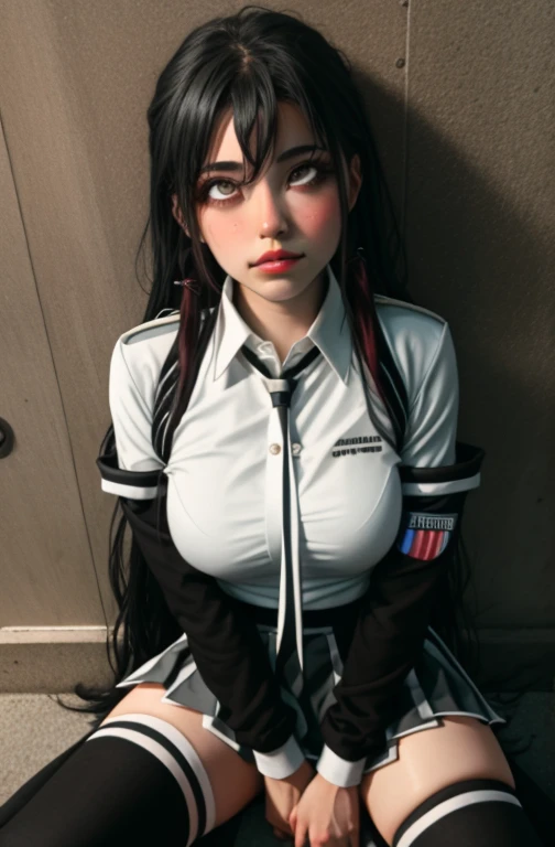 (full figure:1.1), (1 girl as yukino yukinoshita:1.5), highres, solo, school uniform, big breasts, waist long black hair, (twintails:0.5), (pleated miniskirt:1.2), (black thighhigh socks:1.2), loose red ribbon, (flipping skirt:1.2), (unbuttoned white shirt:1.4), (ahegao:1.5), green eyes, (rolling eyes:1.5), (torn clothes:1.5), naked breastss, spread legs, no panties