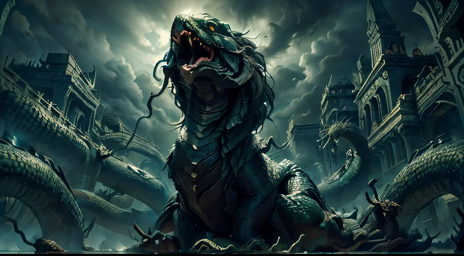 ( enormous Hydra, watching at the viwewer, standing in the water, 10 heads, dark green skin with black shells, , greek mythology), centered,  masterpiece:1.4, perfect quality, extremely detailed, 32k, toxic swamp, night, creature focus l,dark clouds, toxic mist everywhere, dead trees,