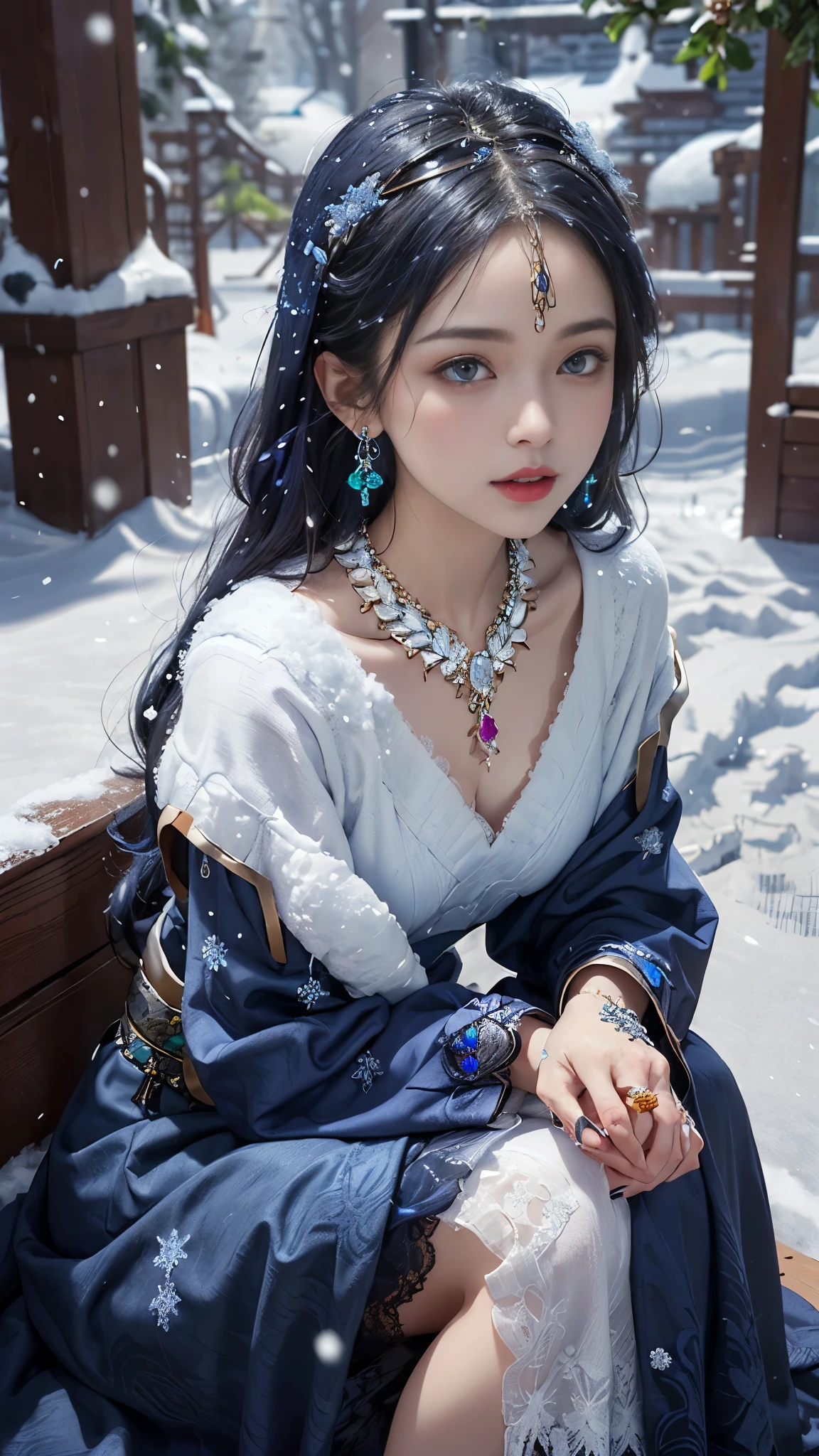 8k, masterpiece, 1 girl, beautiful face, very long hair, light makeup, detailed eyes, detailed lips, small bust, winter dress, indigo dress, (wearing jewellery:1.8), (indigo lace:1.4), ((snow falling:1.4)), sitting,