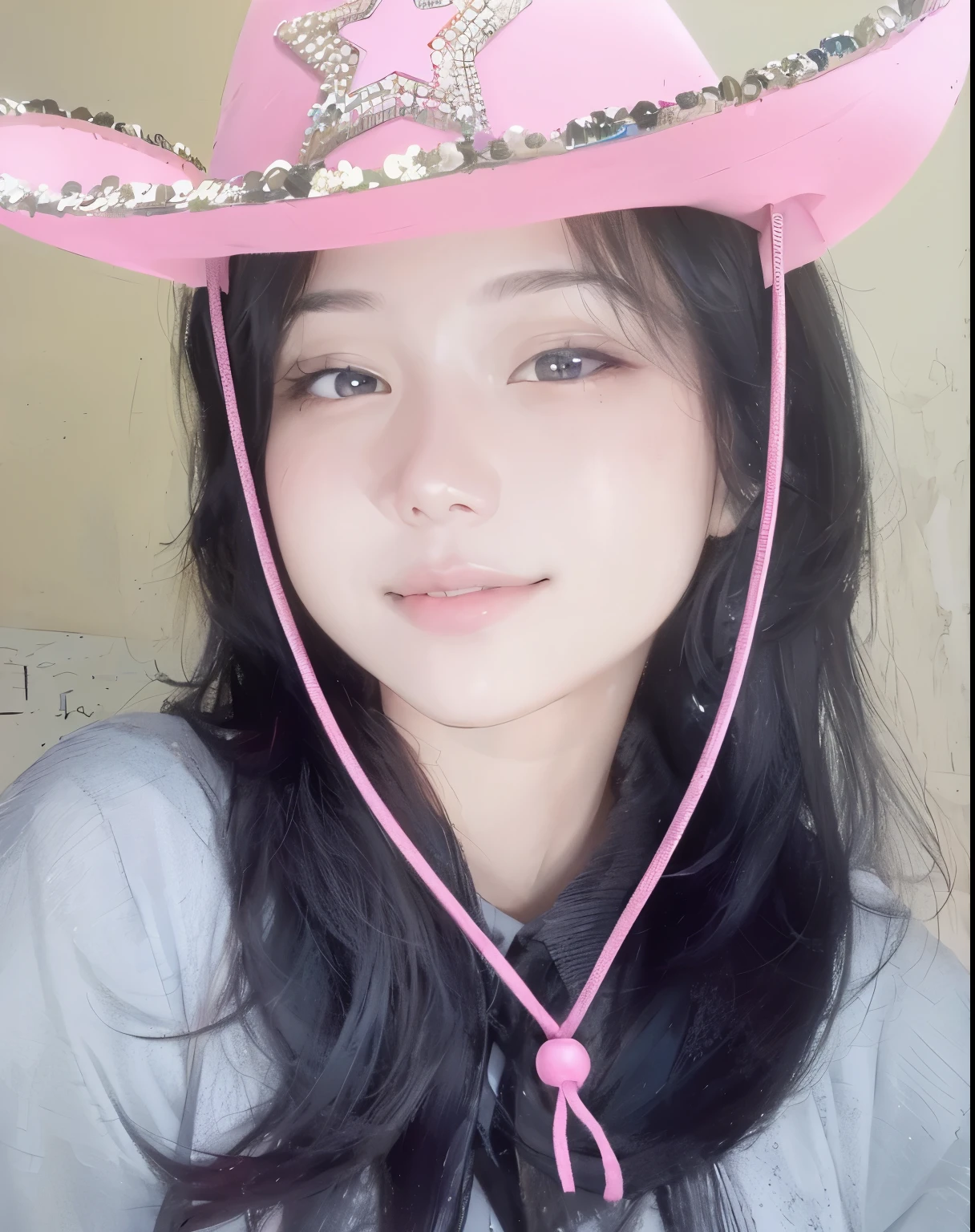 Masterpiece, best picture quality, 1 beautiful girl, detailed eyes, swollen eyes, brown hair, long hair, fair skin, sexy, cute, Asian beauty, magical world, moonlight, abandoned building, strong eyes, professional lighting, bright lighting, double eyelids, slender, assassin, Black clothes, cute face, bulu mata lentik ( jarang-jarang), memakai topi Koboy warna pink, smile
