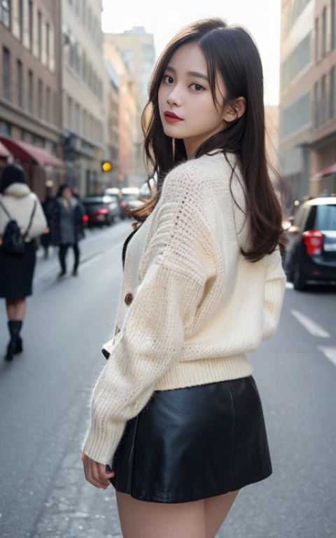 Masterpiece、masutepiece、Wear light knitwear、wearing a jacket made of boa material、((knitted mini skirt))、Long black boots、Smaller buttocks、Hair length is random、A dark-haired、In the city in winter、sexy pose、((The whole body is shown.))、18year old、a Korean girl、kawaii、