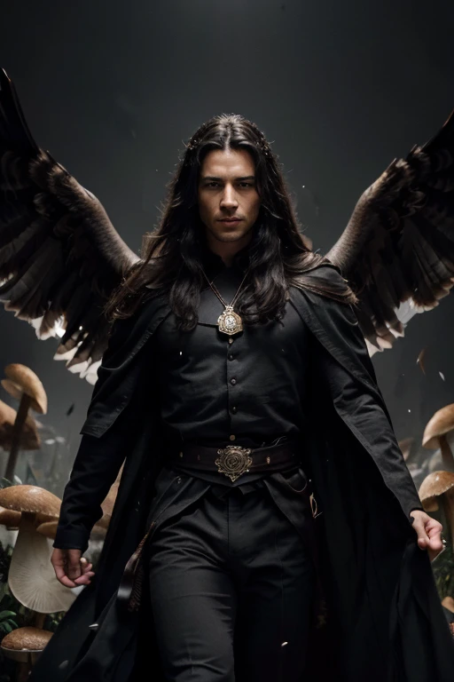 (best quality,4k,8k,highres,masterpiece:1.2),ultra-detailed,(realistic,photorealistic,photo-realistic:1.37),portrait,male,black and white photo,dark background,meticulously crafted lighting,impeccable attention to detail,gray eyes,long black hair,flowing black cloak with golden trim,,casting a powerful spell,mysterious atmosphere,age of 28,wisdom and experience shining through,captivating presence,illustration-like rendering,striking visual impact. white owl flying through mushrooms in heroic pose