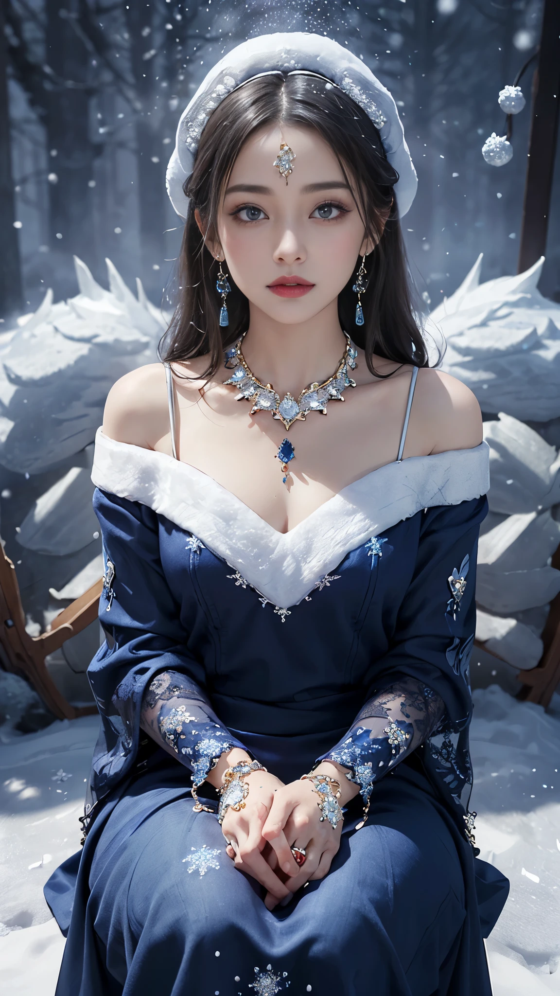 8k, masterpiece, 1 girl, beautiful face, very long hair, light makeup, detailed eyes, detailed lips, small bust, winter dress, indigo dress, (wearing jewellery:1.8), (indigo lace:1.4), ((snow falling:1.4)), sitting,