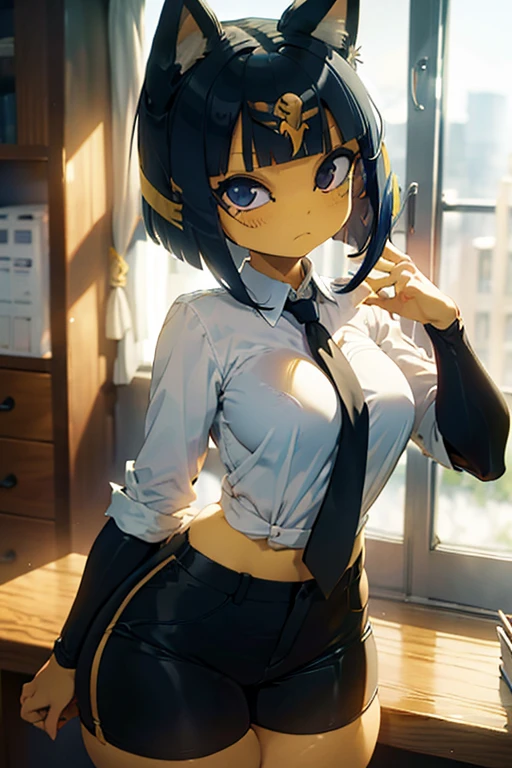 ankha, anime style, catgirl, cat ears, yellow fur, blue hair, shorts hair, wide hips, thick thighs, huge round ass, medium breast, business suit, formal suit, white shirt, long sleeve black formal suit, black necktie, black strict trouser, secretary pose, office, absurdres, high res, ultrasharp, 8K, masterpiece, looking at viewer