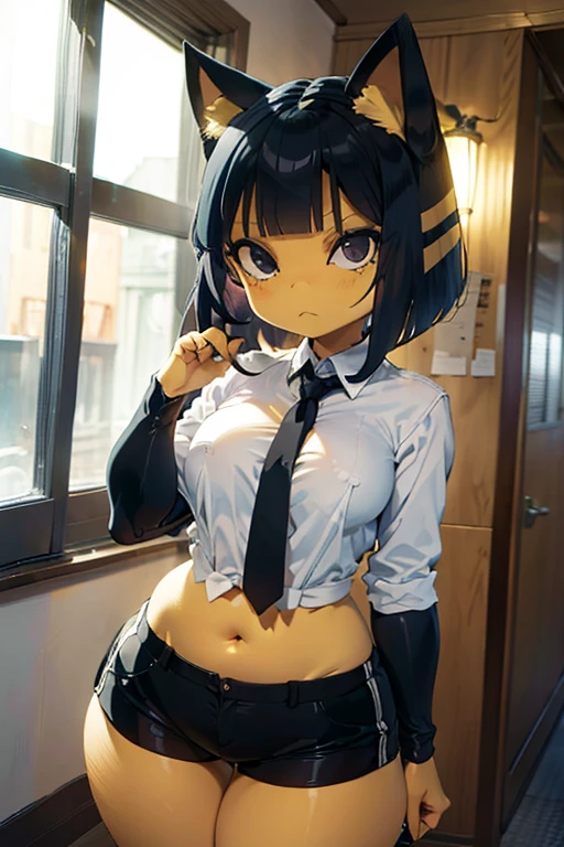 ankha, anime style, catgirl, cat ears, yellow fur, blue hair, shorts hair, wide hips, thick thighs, huge round ass, medium breast, business suit, formal suit, white shirt, long sleeve black formal suit, black necktie, black strict trouser, secretary pose, office, absurdres, high res, ultrasharp, 8K, masterpiece, looking at viewer