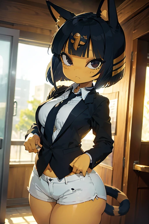 ankha, anime style, catgirl, cat ears, yellow fur, blue hair, shorts hair, wide hips, thick thighs, huge round ass, medium breast, business suit, formal suit, white shirt, long sleeve black formal suit, black necktie, black strict trouser, secretary pose, office, absurdres, high res, ultrasharp, 8K, masterpiece, looking at viewer