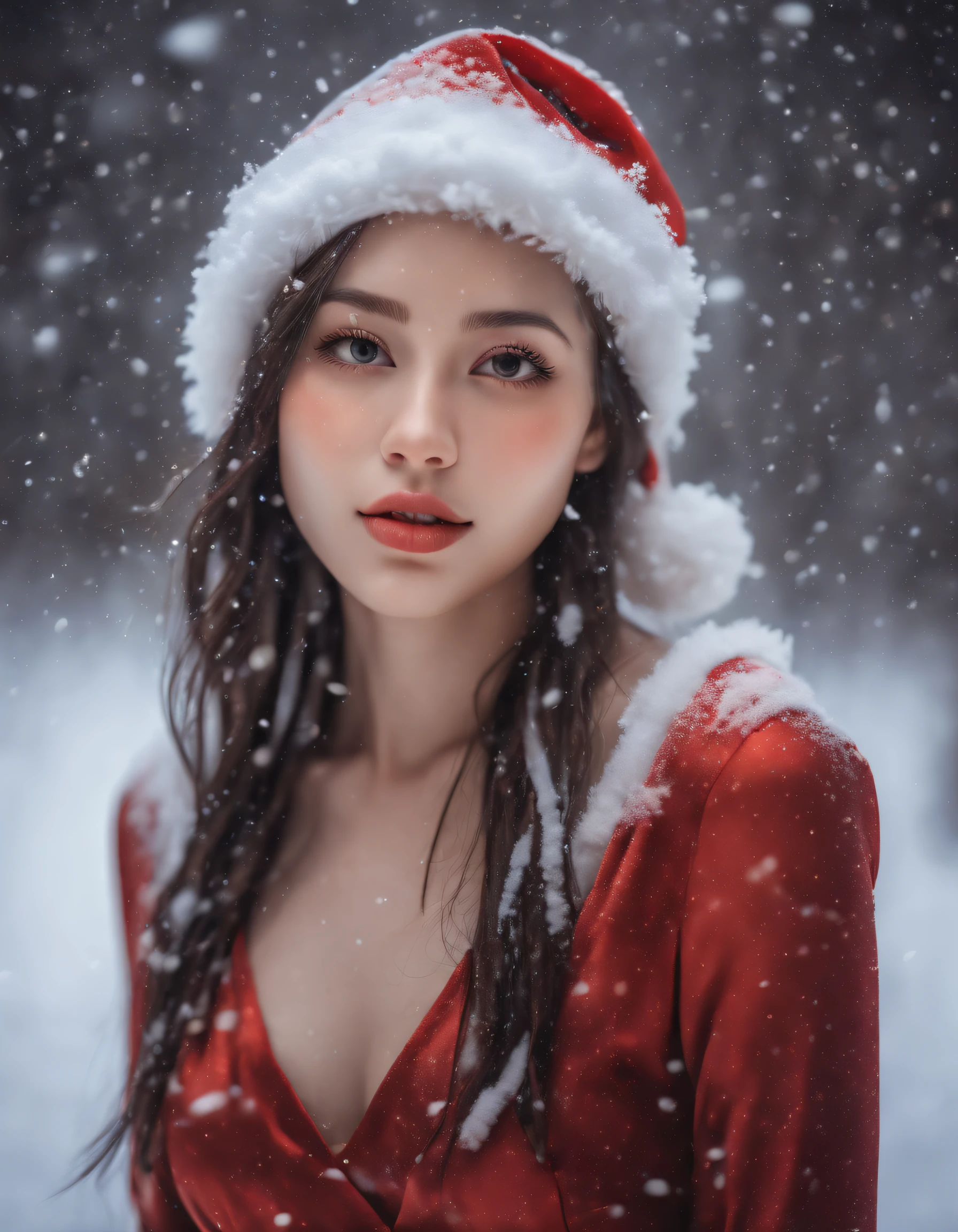 (best quality,Realistic:1.37), Rosto detalhado, belos olhos castanhos detalhados, beautiful detailed lips, long eyelashes, santa hat, vestido de seda vermelho, snow falling from the sky, paisagem de inverno, ambiente aconchegante, warm lighting, flocos de neve macios, serene expression, delicate features, retrato realista, cores vibrantes, holiday theme, latex