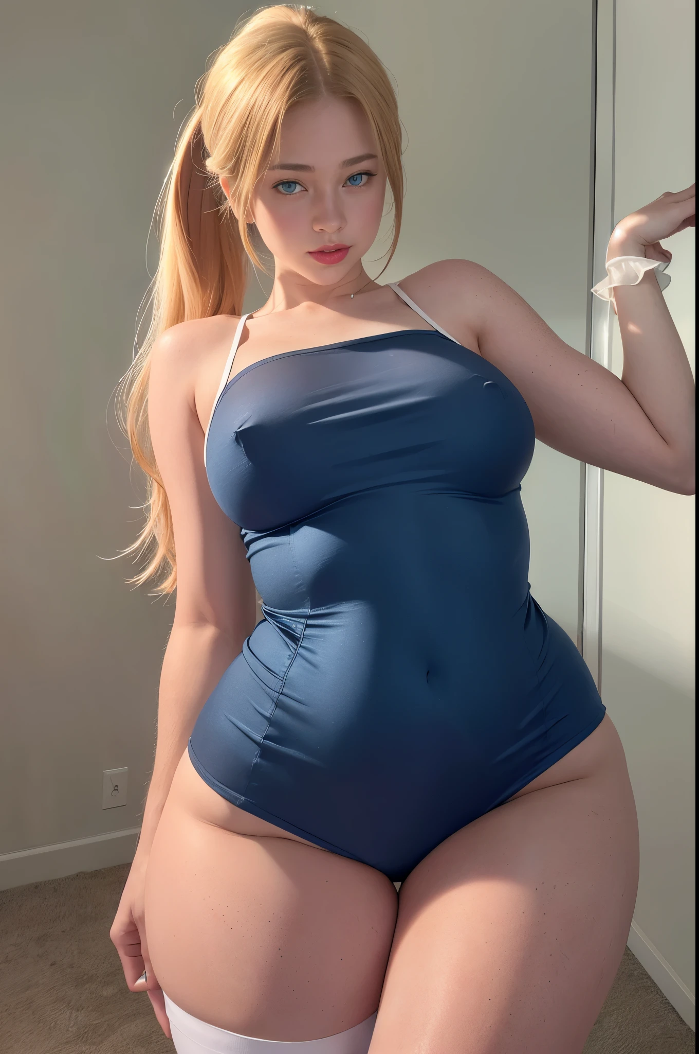 4k, realistic, charismatic, very detailed, there is a girl in the sky, dressed in a super girl costume, she is a super girl, superhero theme, blonde short hair, ponytail, 20 years, full body, (detail in the eyes), (detail in the face), incredibly beautiful, blue eyes, blush, makeup, red lipstick, miniskirt, (wide hips), (thick thighs), small breasts, dress,, seductive pose, (extreme hourglass figure), thin, svelte, white skirt, boots, tight t-shirt