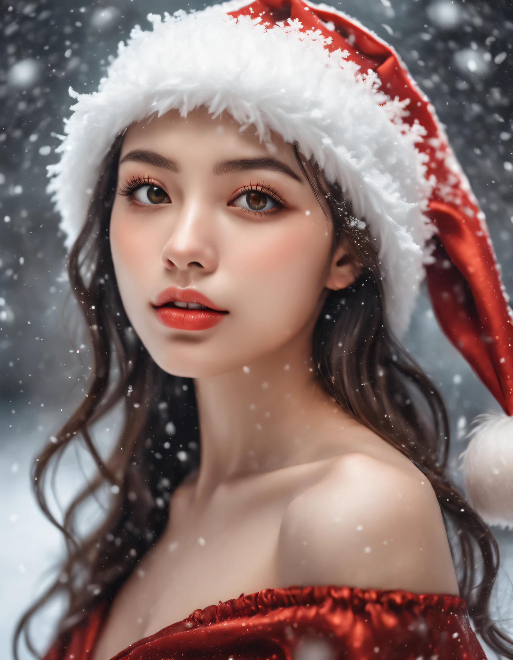 (best quality,Realistic:1.37), Rosto detalhado, belos olhos castanhos detalhados, beautiful detailed lips, long eyelashes, santa hat, vestido de seda vermelho, snow falling from the sky, paisagem de inverno, ambiente aconchegante, warm lighting, flocos de neve macios, serene expression, delicate features, retrato realista, cores vibrantes, holiday theme, latex