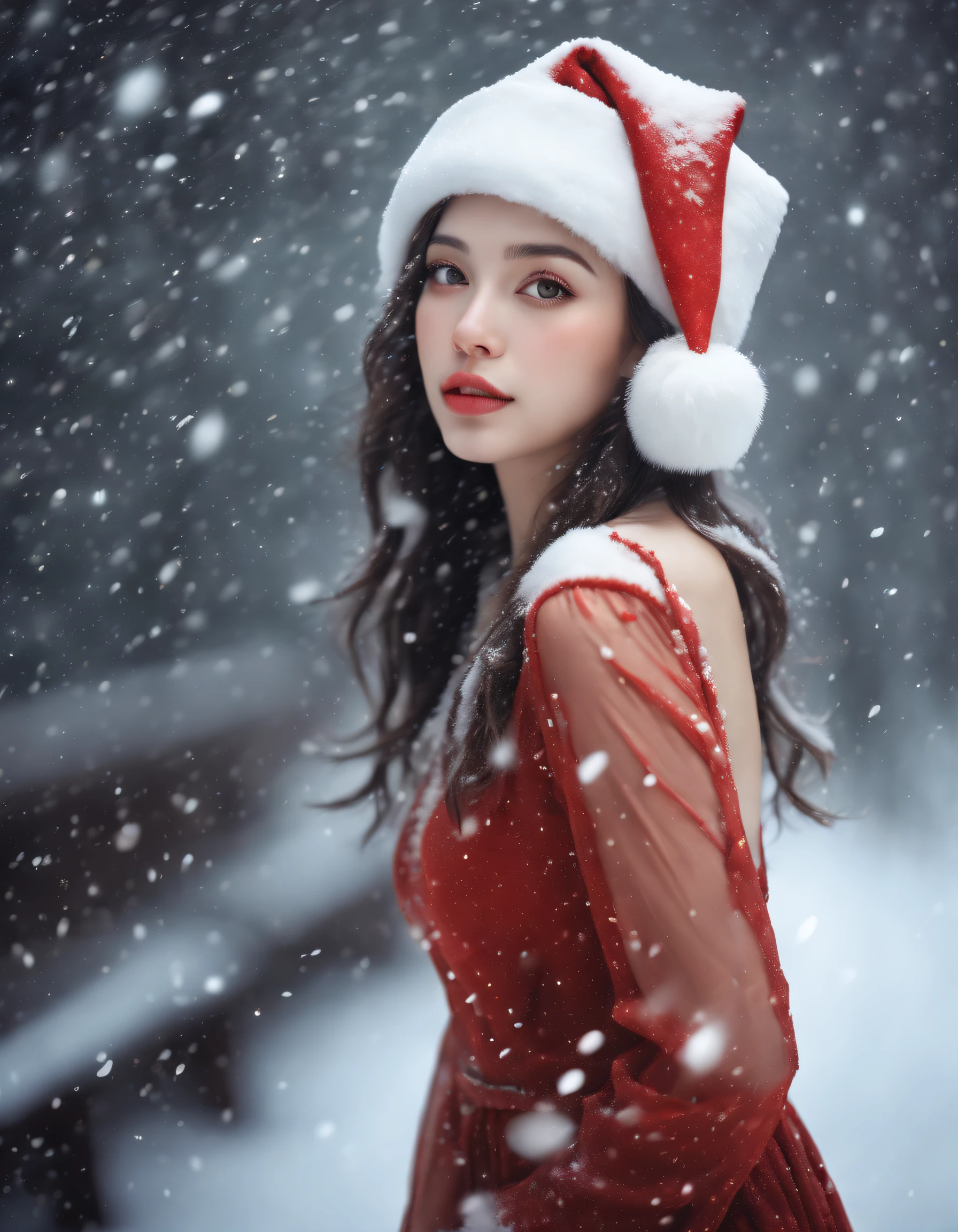 (best quality,Realistic:1.37), Rosto detalhado, belos olhos castanhos detalhados, beautiful detailed lips, long eyelashes, santa hat, vestido de seda vermelho, snow falling from the sky, paisagem de inverno, ambiente aconchegante, warm lighting, flocos de neve macios, serene expression, delicate features, retrato realista, cores vibrantes, holiday theme, latex