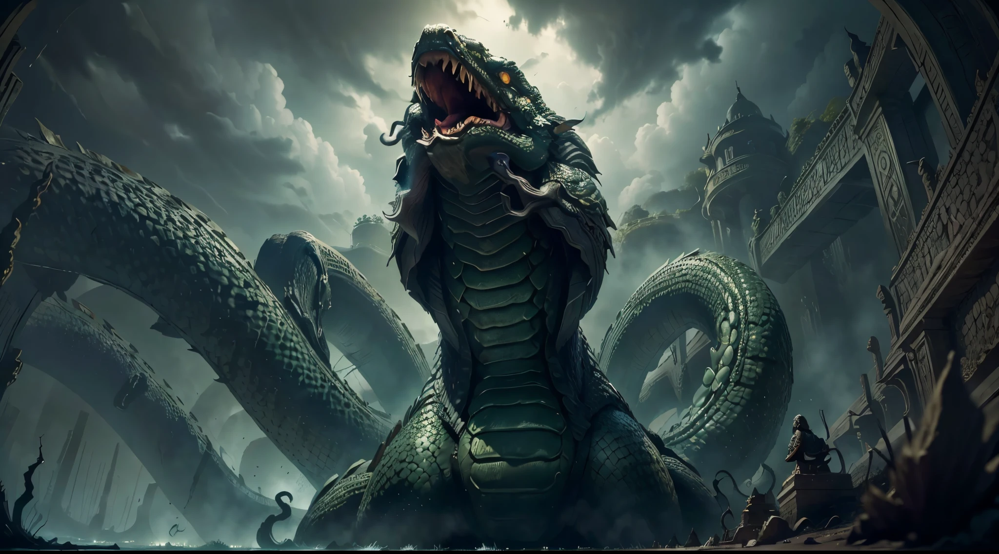 ( enormous Hydra, watching at the viwewer, standing in the water, 10 heads, dark green skin with black shells, , greek mythology), centered,  masterpiece:1.4, perfect quality, extremely detailed, 32k, toxic swamp, night, creature focus l,dark clouds, toxic mist everywhere, dead trees,