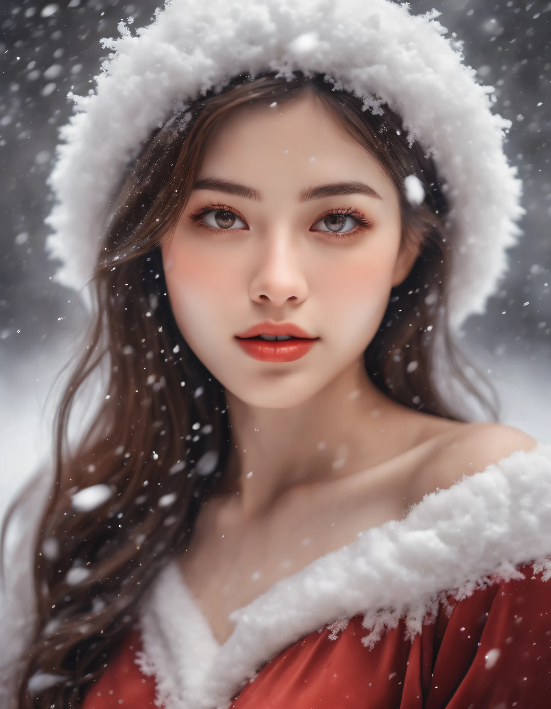 (best quality,Realistic:1.37), Rosto detalhado, belos olhos castanhos detalhados, beautiful detailed lips, long eyelashes, santa hat, vestido de seda vermelho, snow falling from the sky, paisagem de inverno, ambiente aconchegante, warm lighting, flocos de neve macios, serene expression, delicate features, retrato realista, cores vibrantes, holiday theme